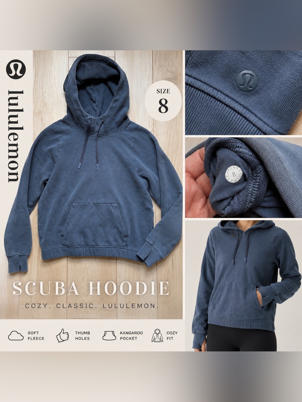 lululemon Scuba Hoodie Size 8 Blue Gray Pullover Sweatshirt